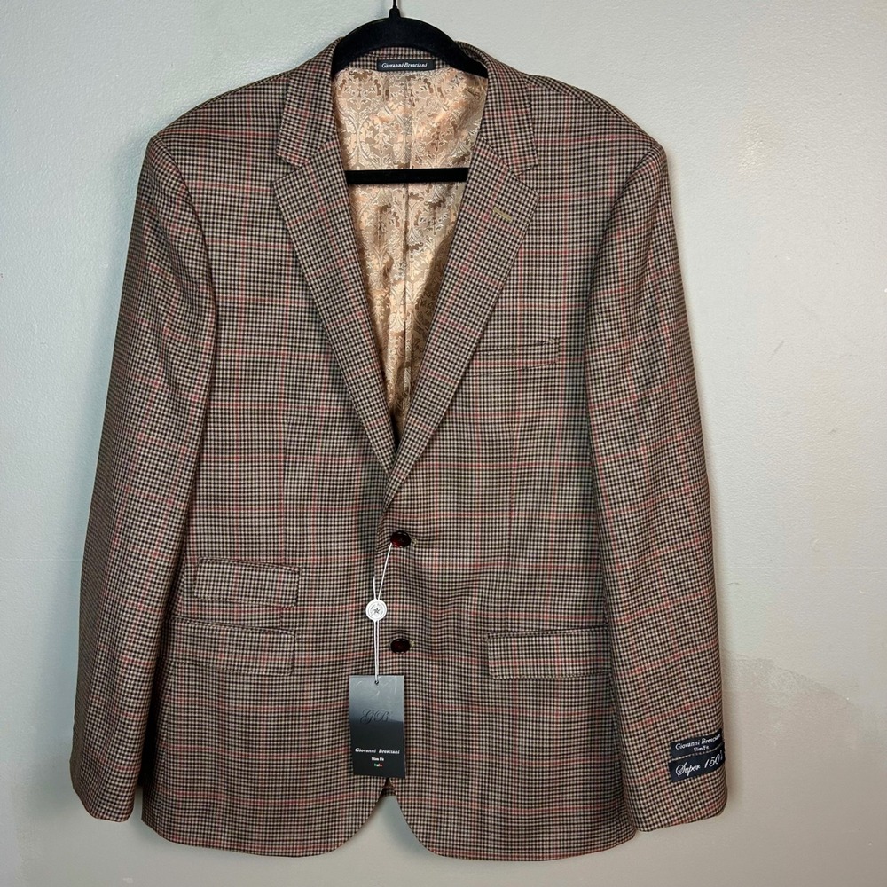 Giovanni Bresciani Sport Coat Mens 42R Houndstooth Slim Super 150s Wool Patch